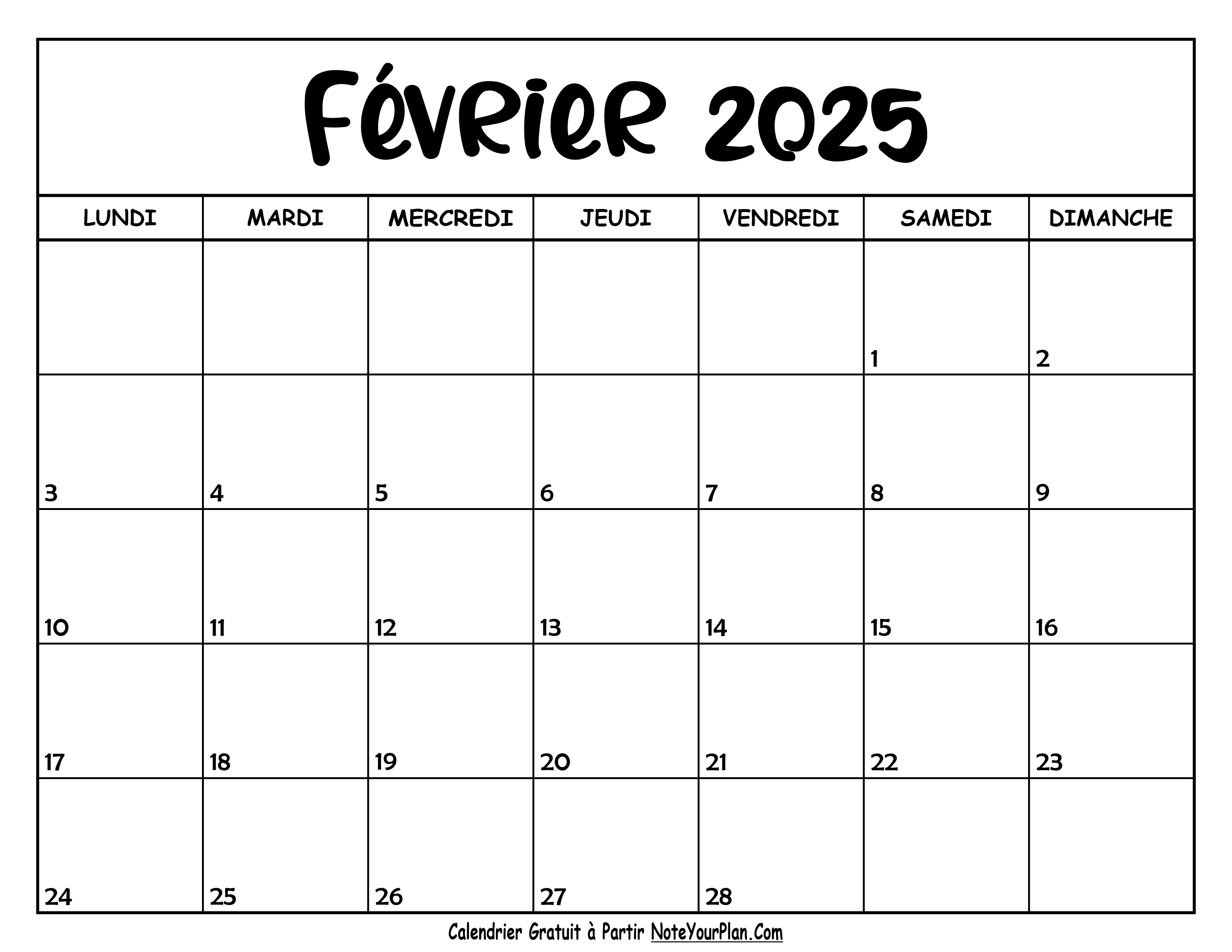 Calendrier Vierge Février 2025