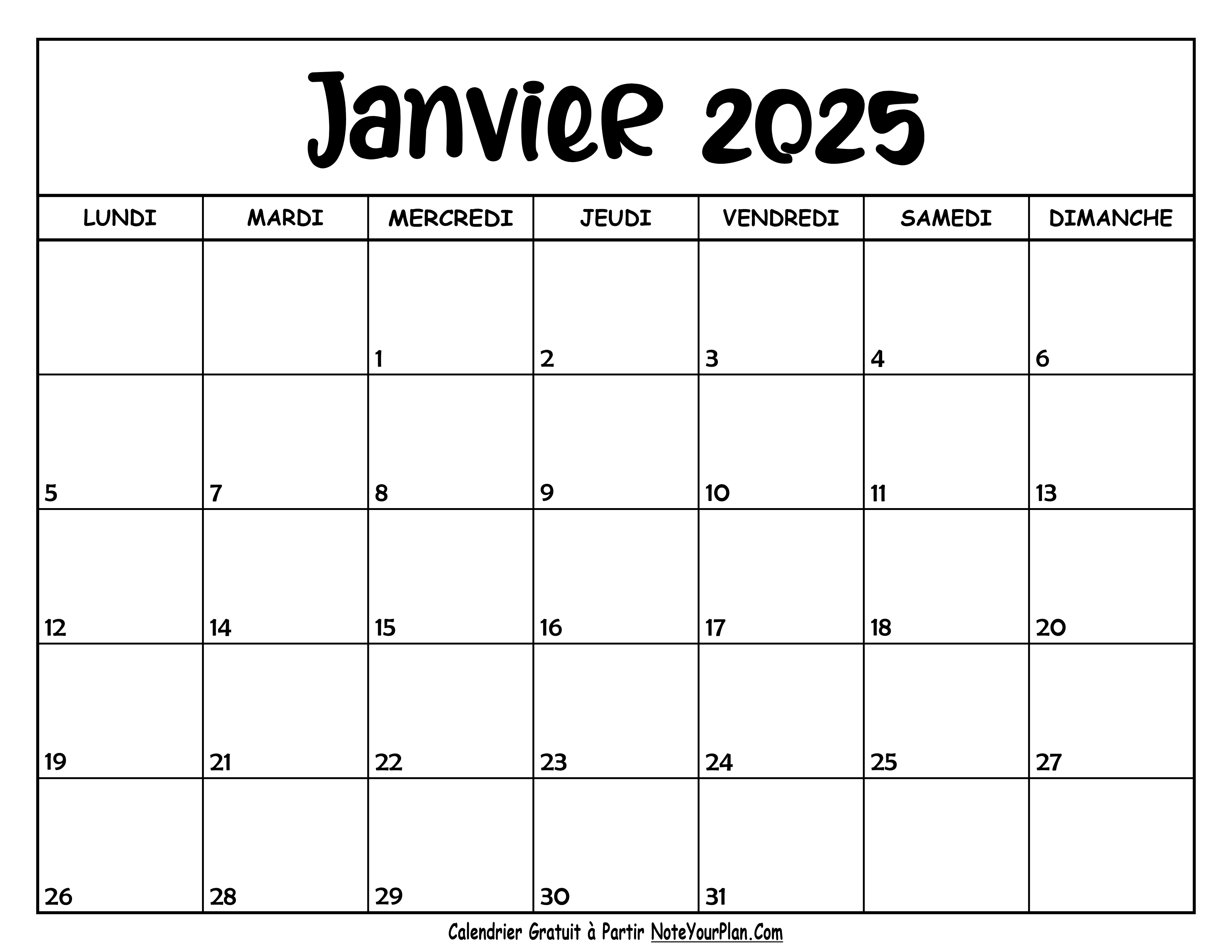 Calendrier Vierge Janvier 2025