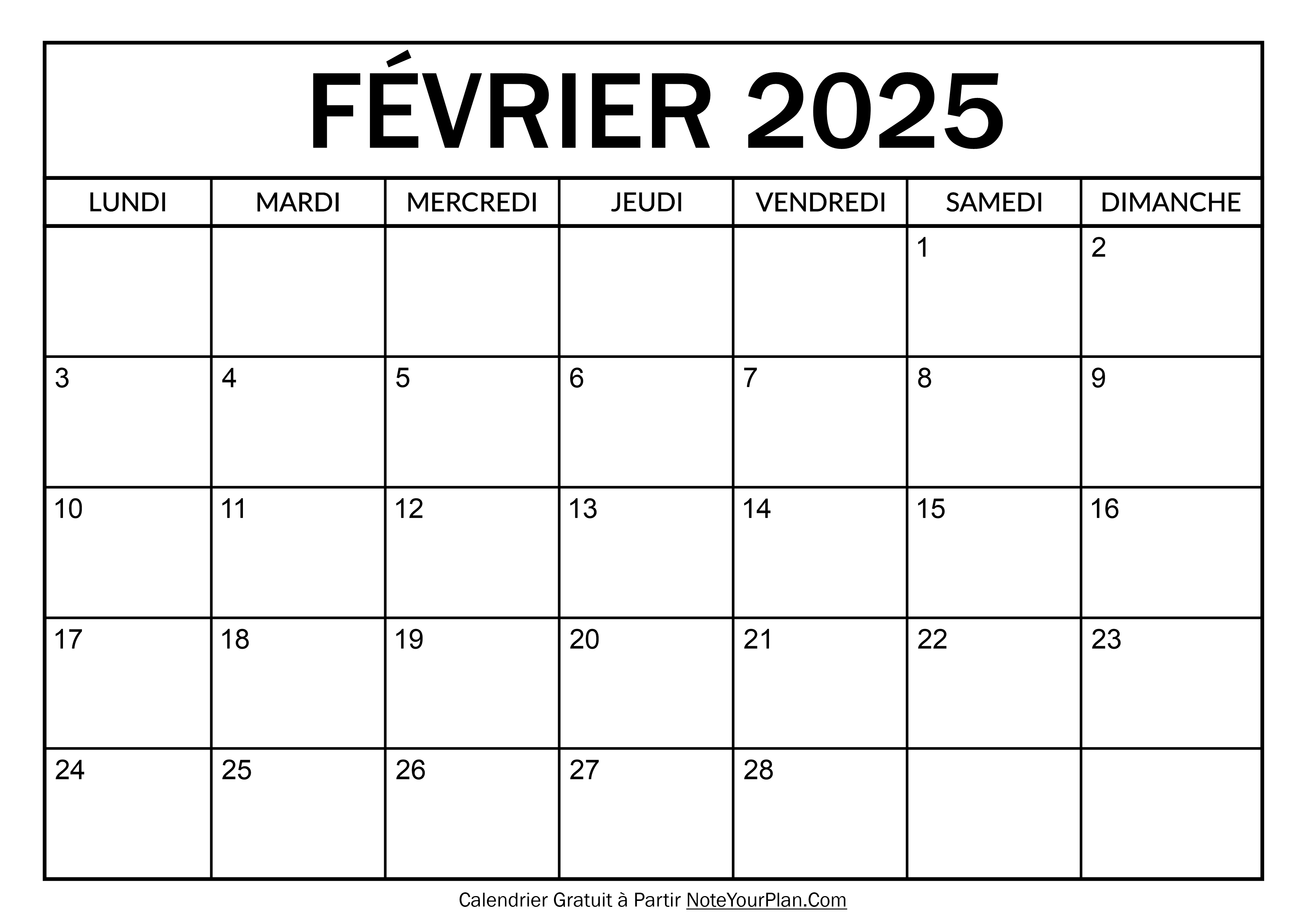 Calendrier à imprimer Février 2025