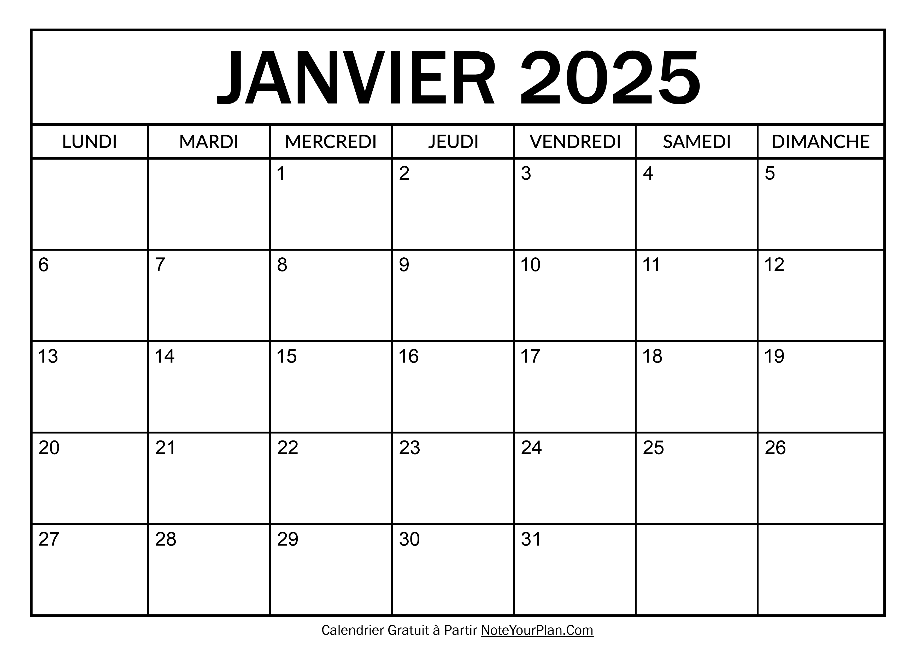 Calendrier à imprimer Janvier 2025