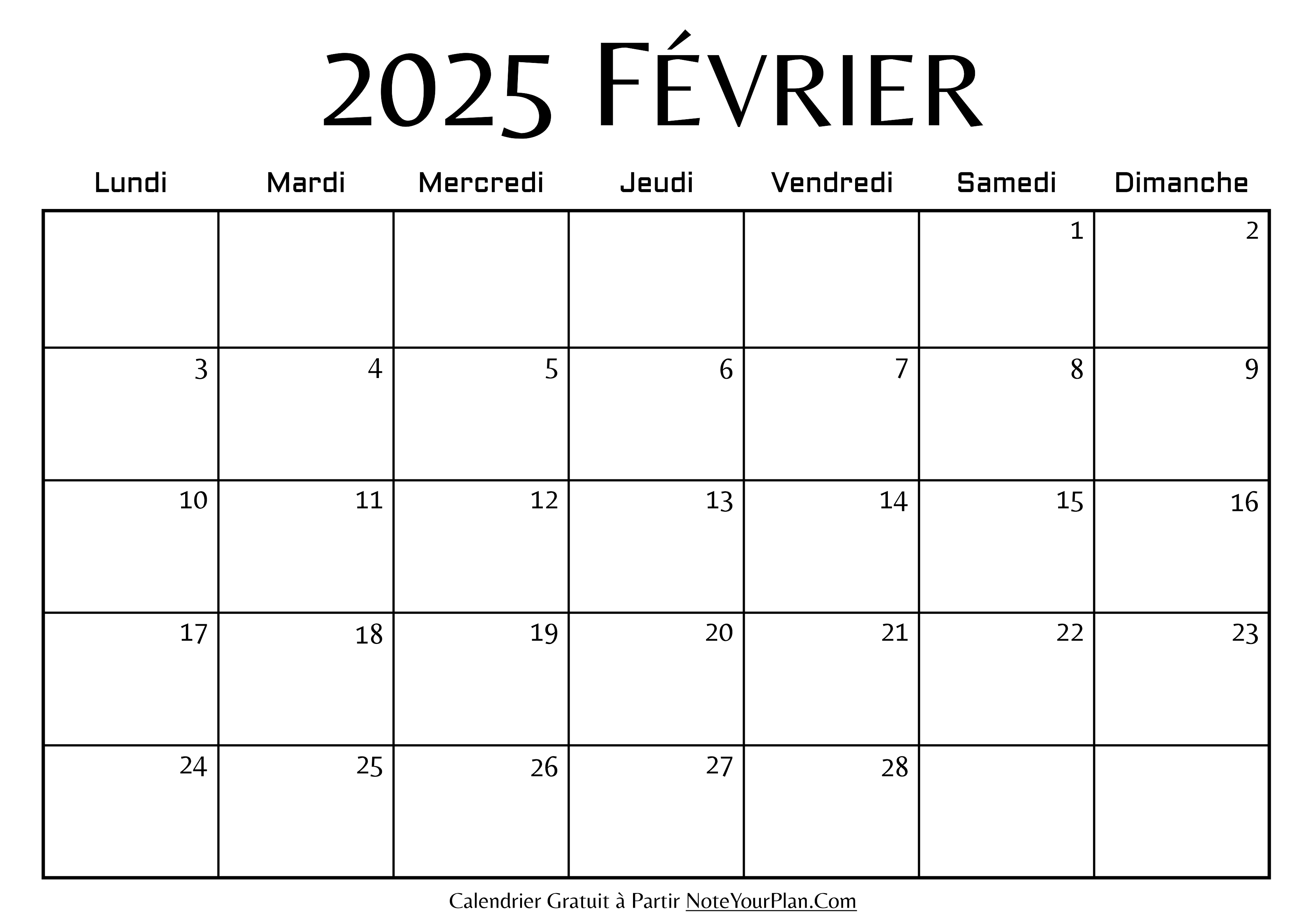 Calendrier de Février 2025