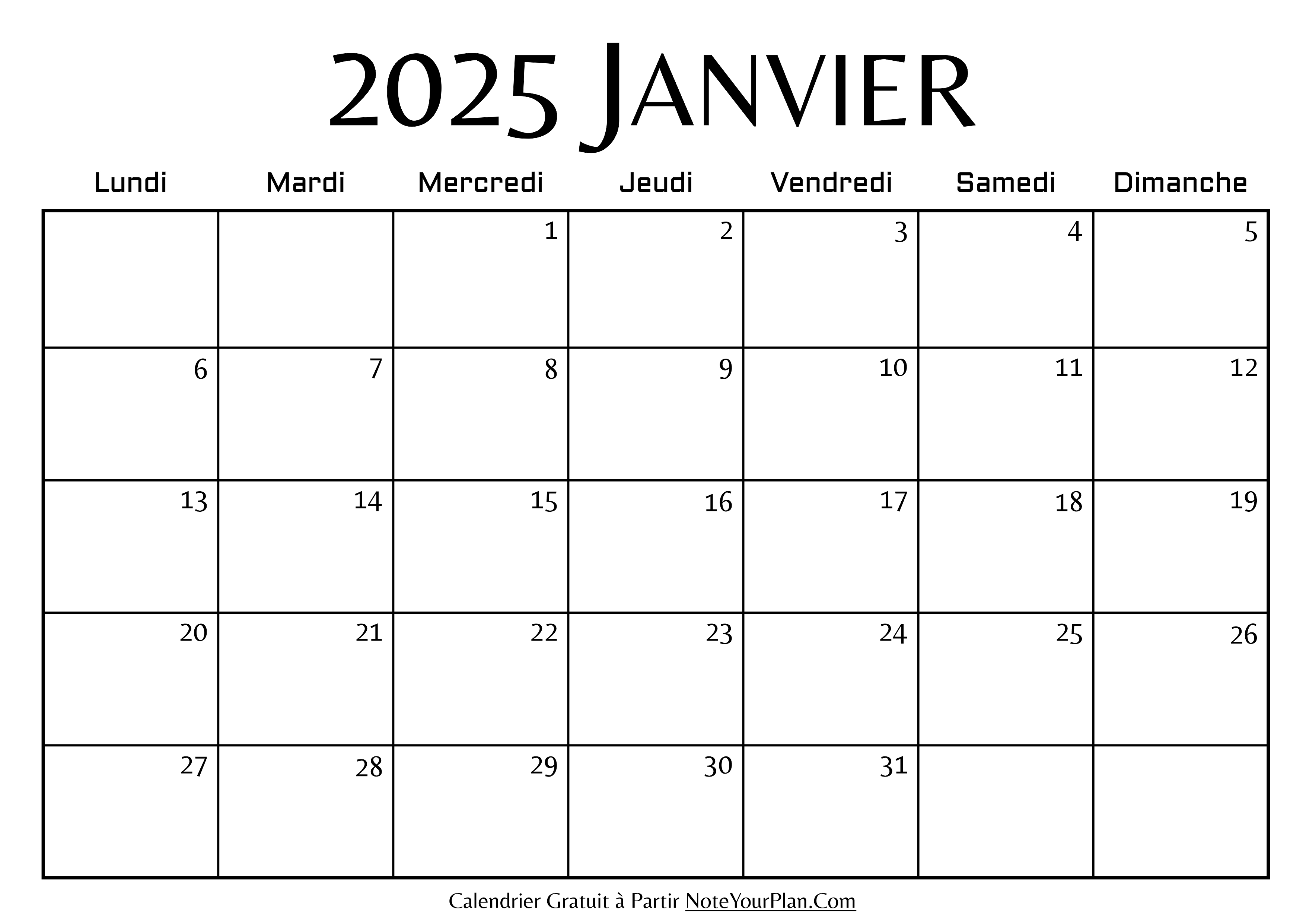 Calendrier de Janvier 2025