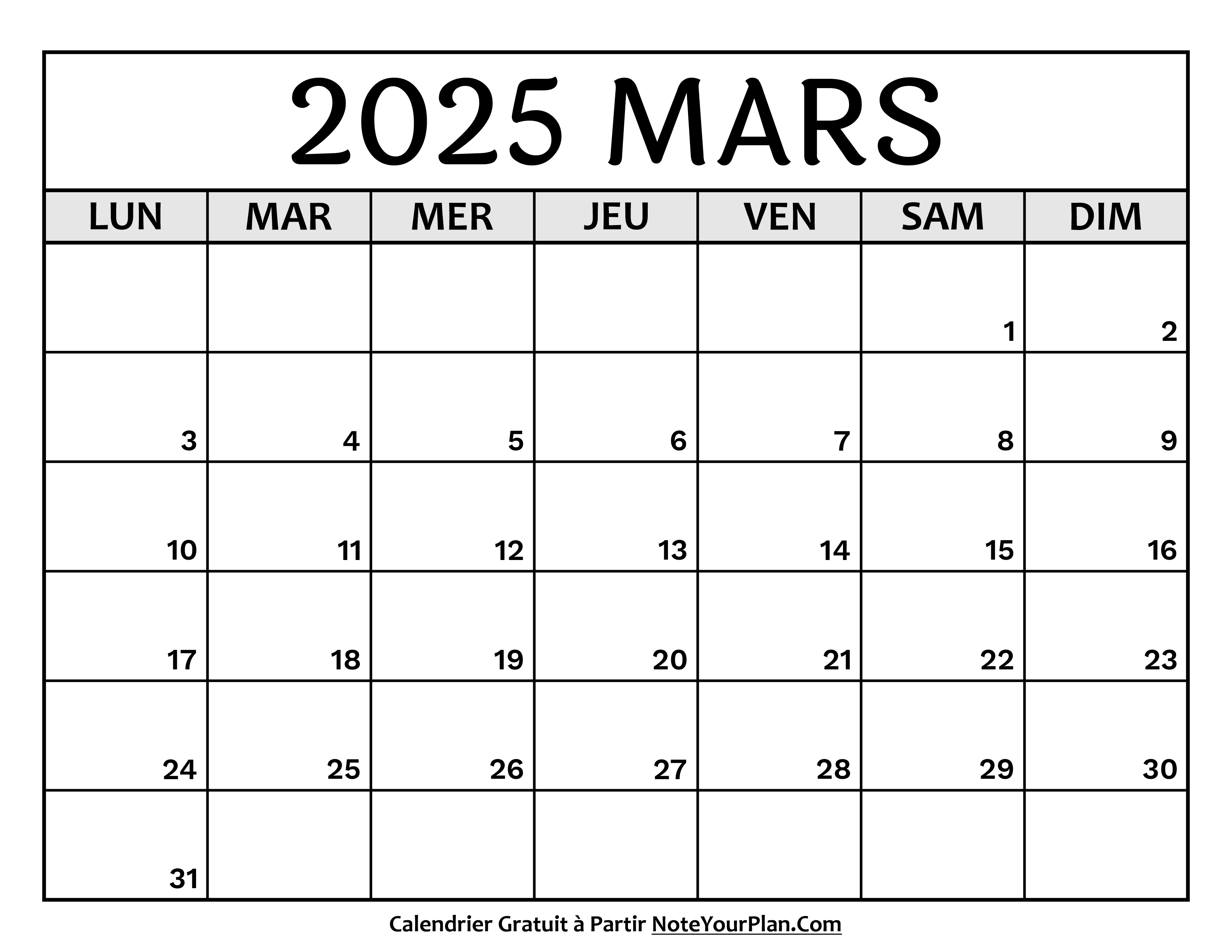 Calendrier Mars 2025 à Imprimer