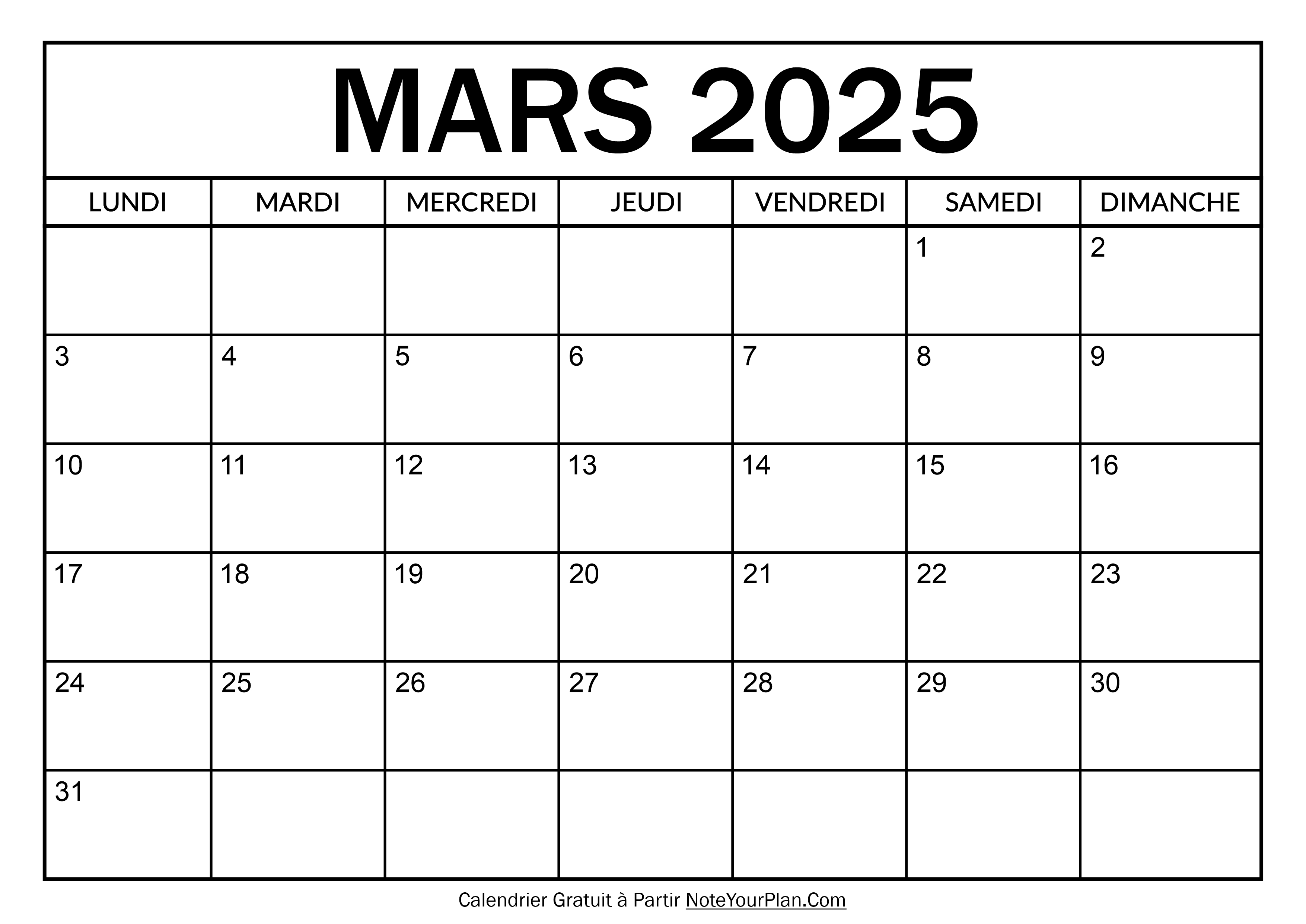 Calendrier à imprimer Mars 2025