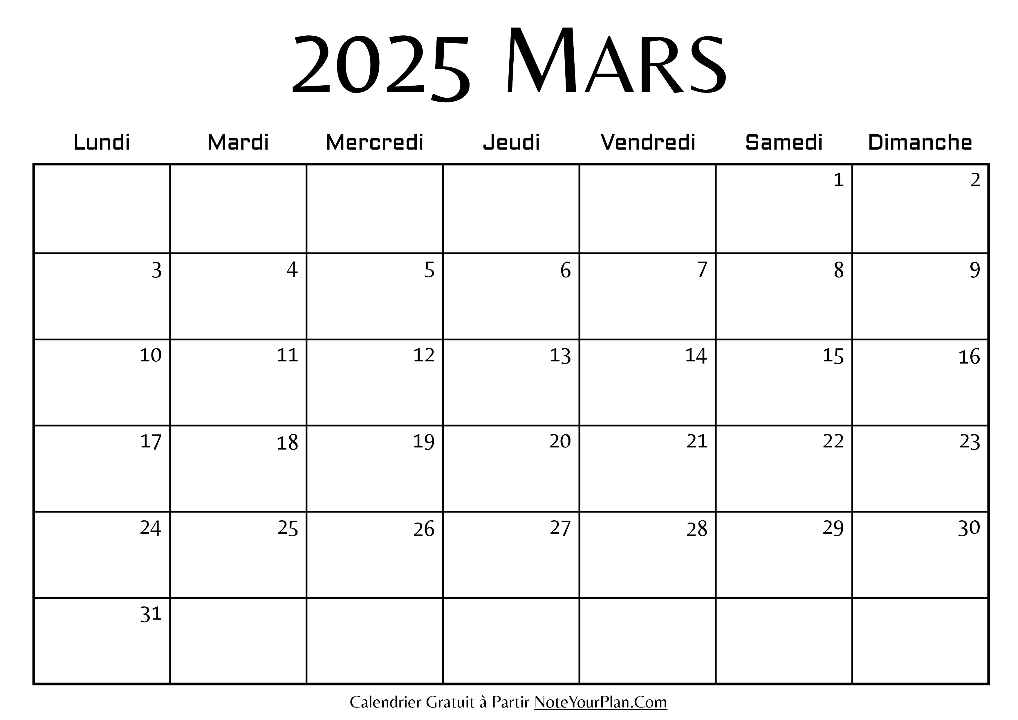 Calendrier de Mars 2025