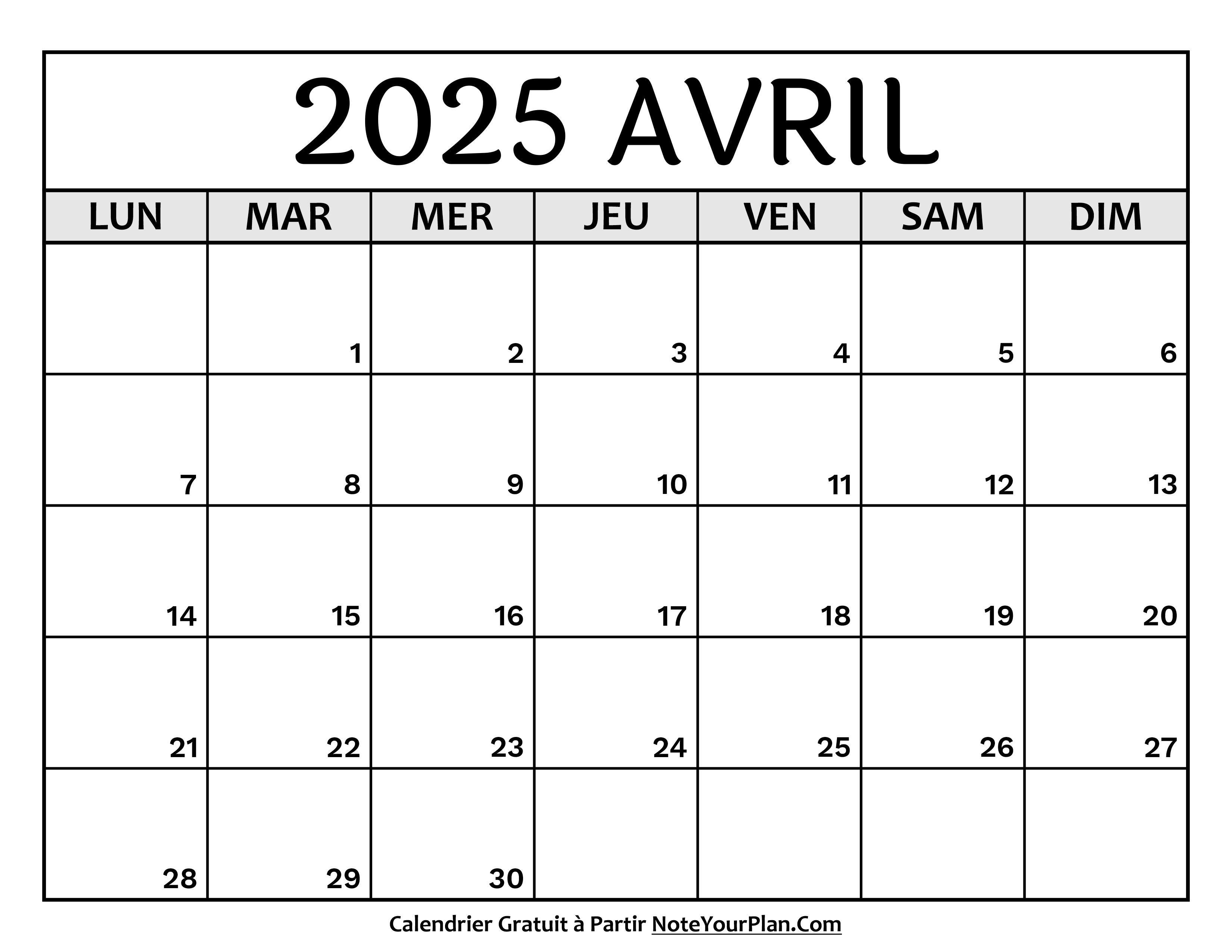 Calendrier Avril 2025 à Imprimer