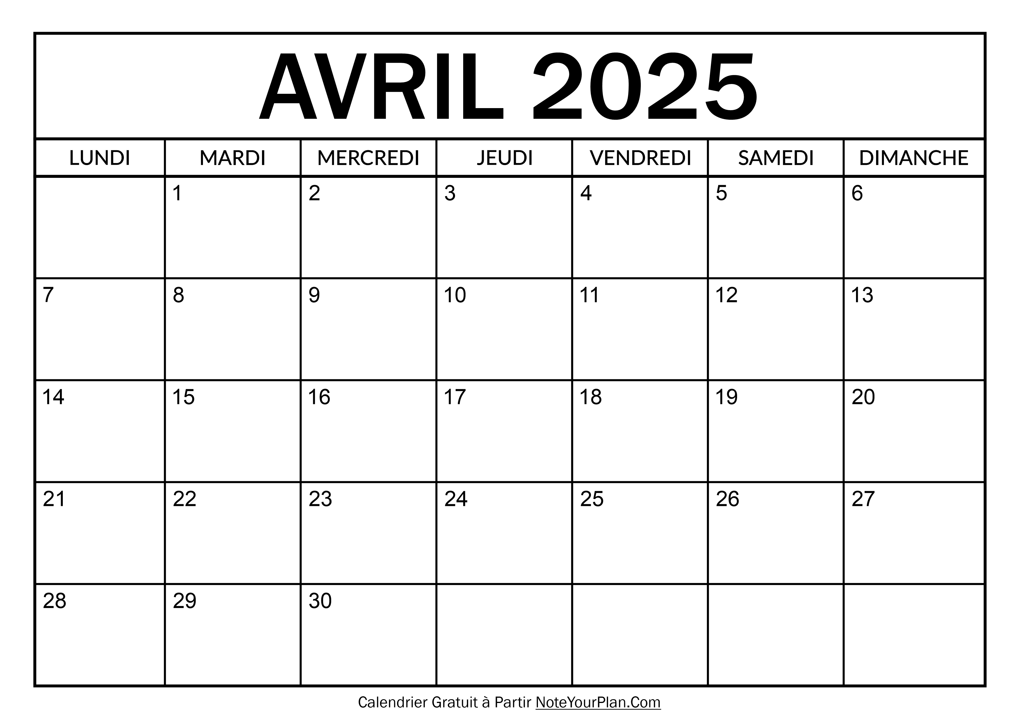 Calendrier à imprimer Avril 2025