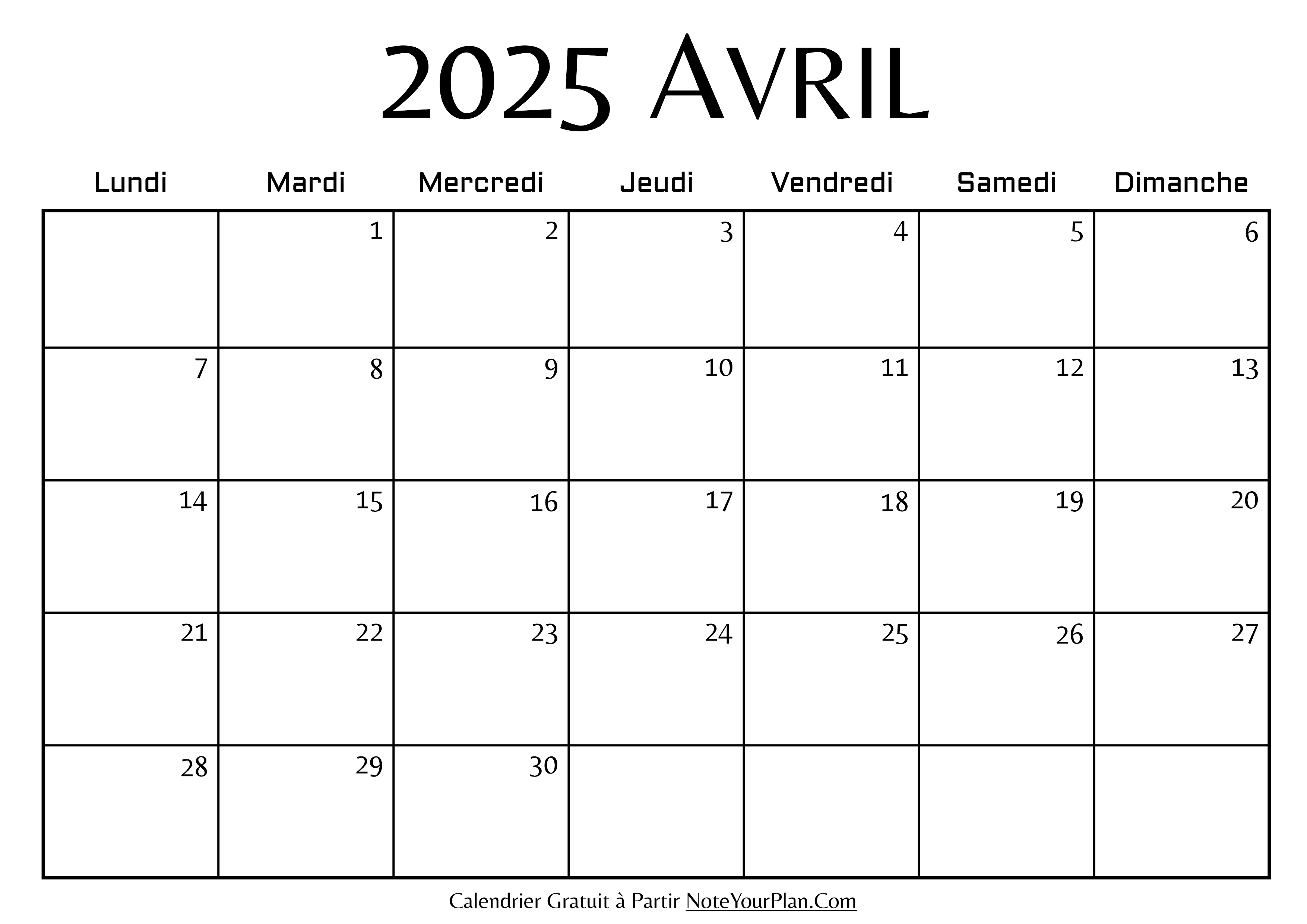Calendrier de Avril 2025