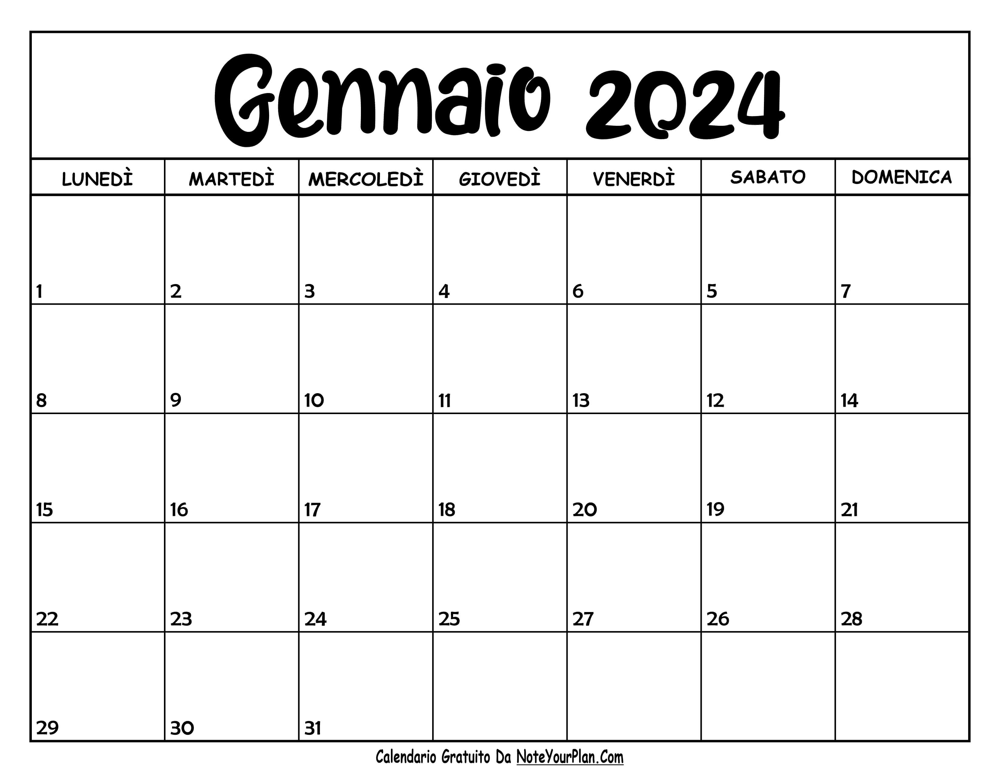 calendario gennaio 2024