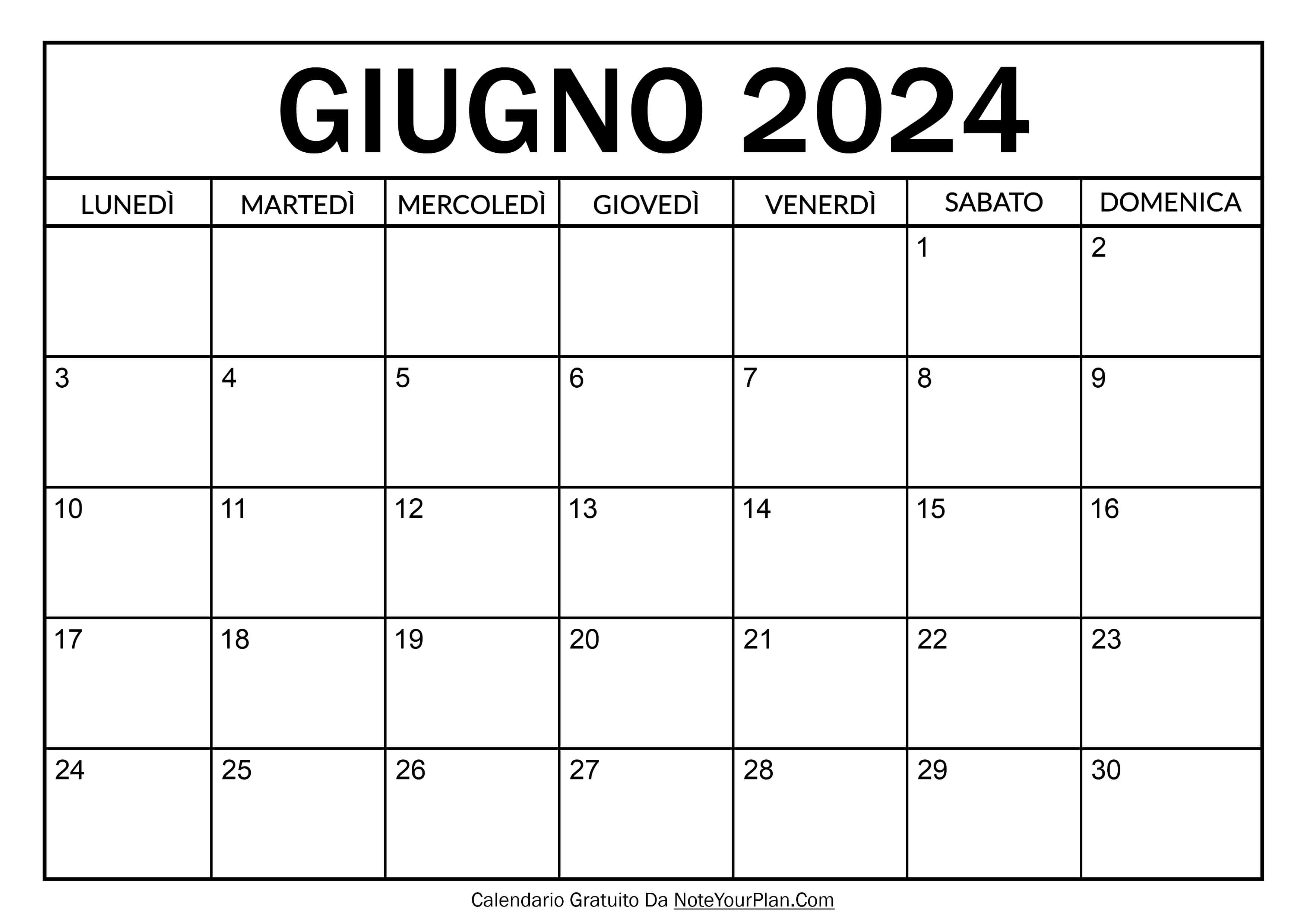 calendario giugno 2024 da stampare