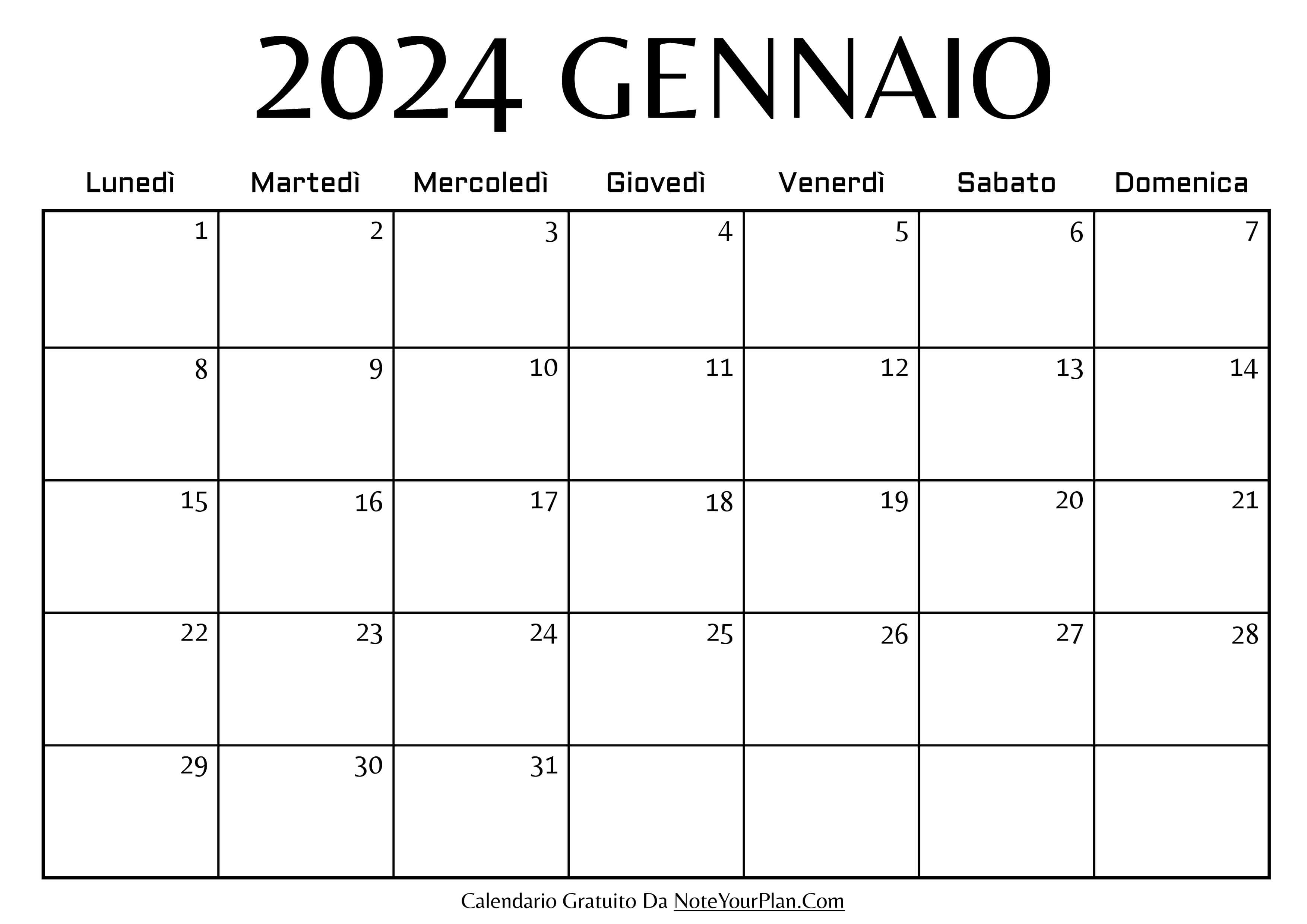 calendario mensile di gennaio 2024