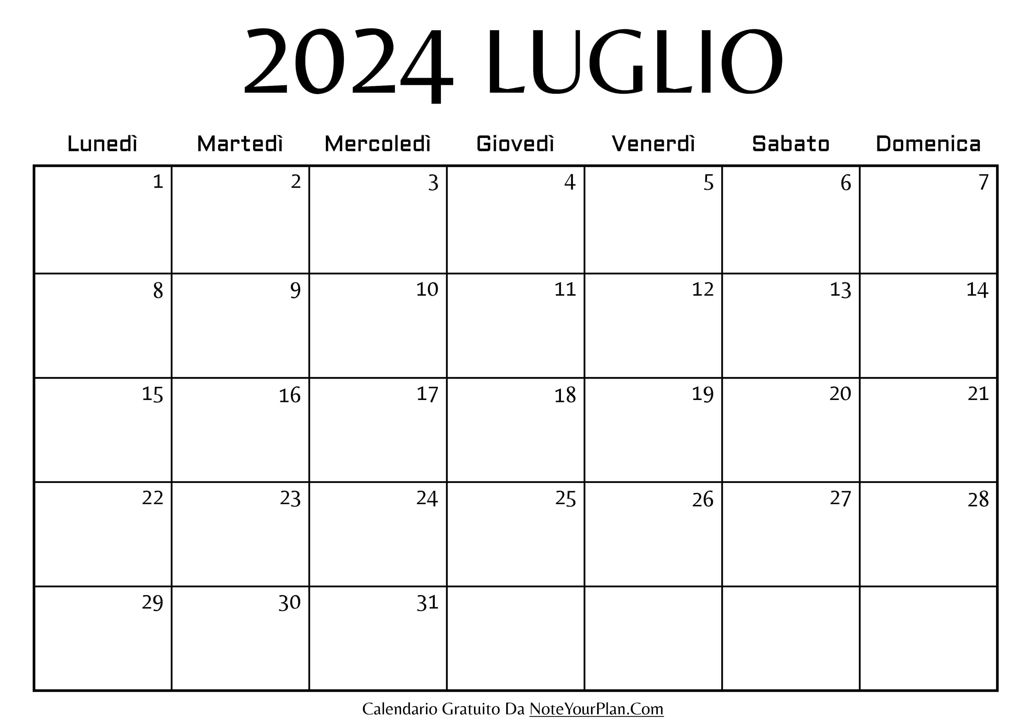 calendario mensile di luglio 2024