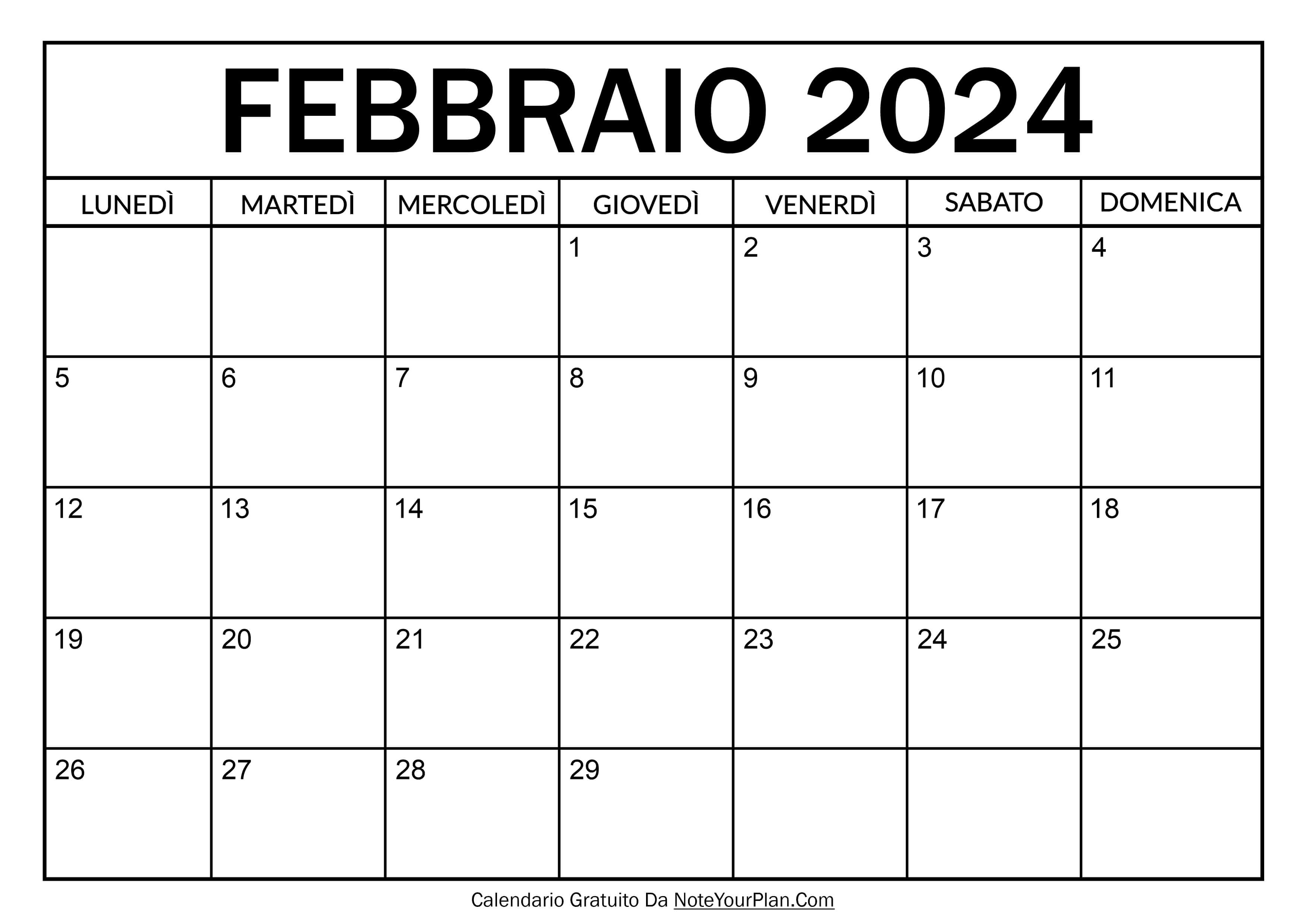 calendario febbraio 2024 da stampare