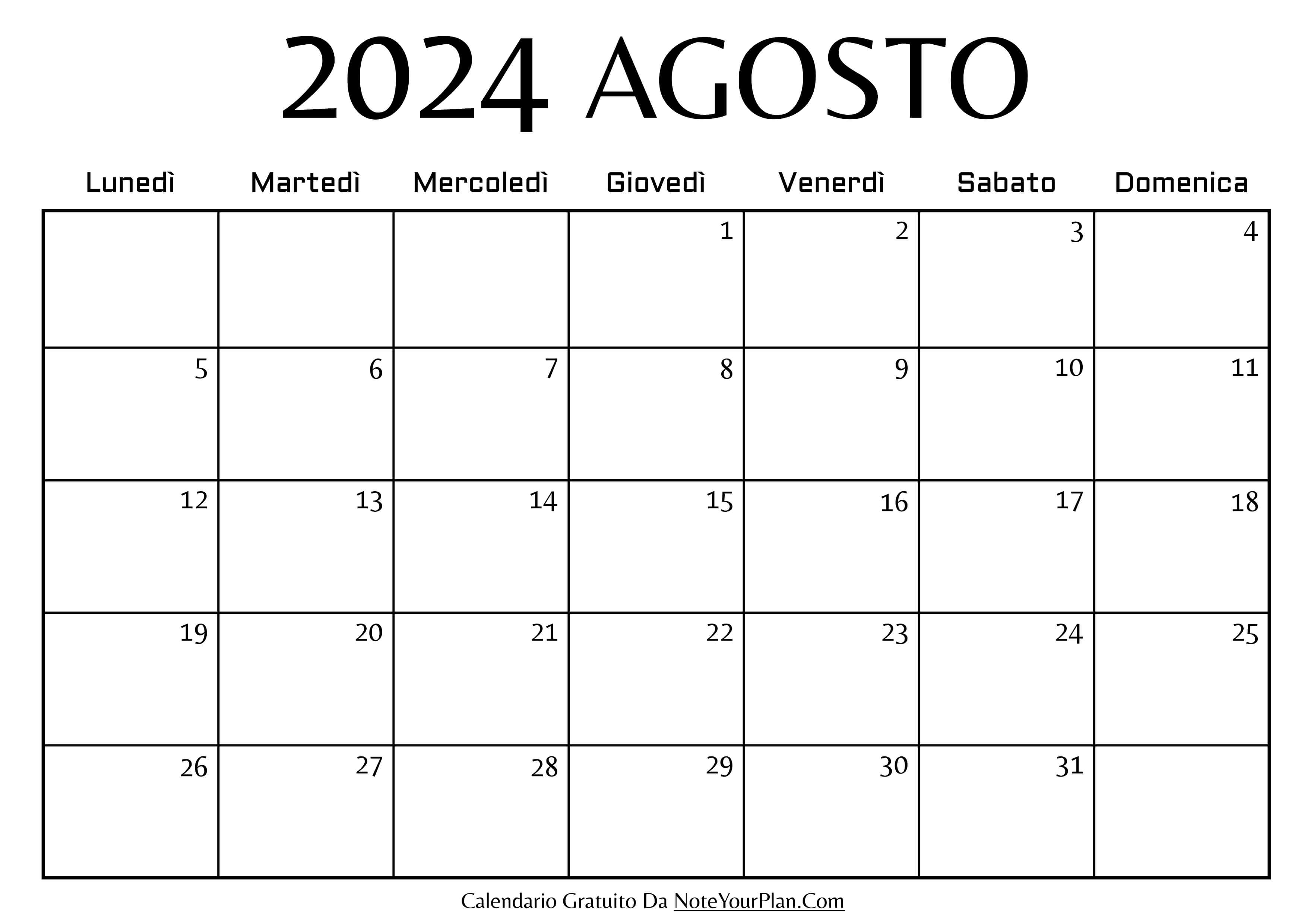 calendario mensile di agosto 2024