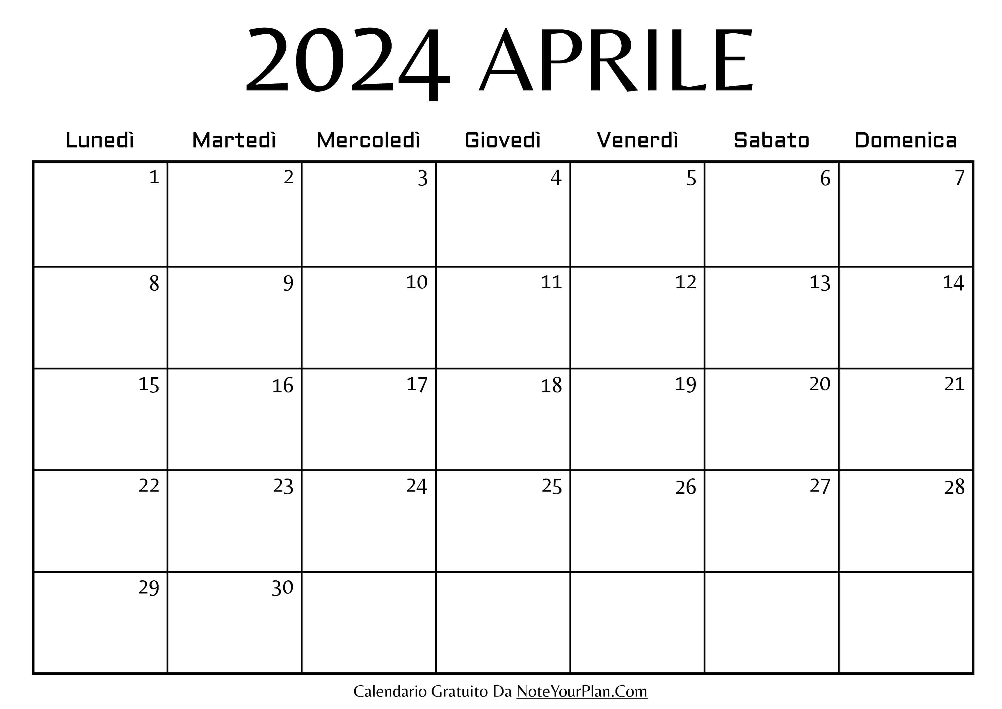 calendario mensile di aprile 2024