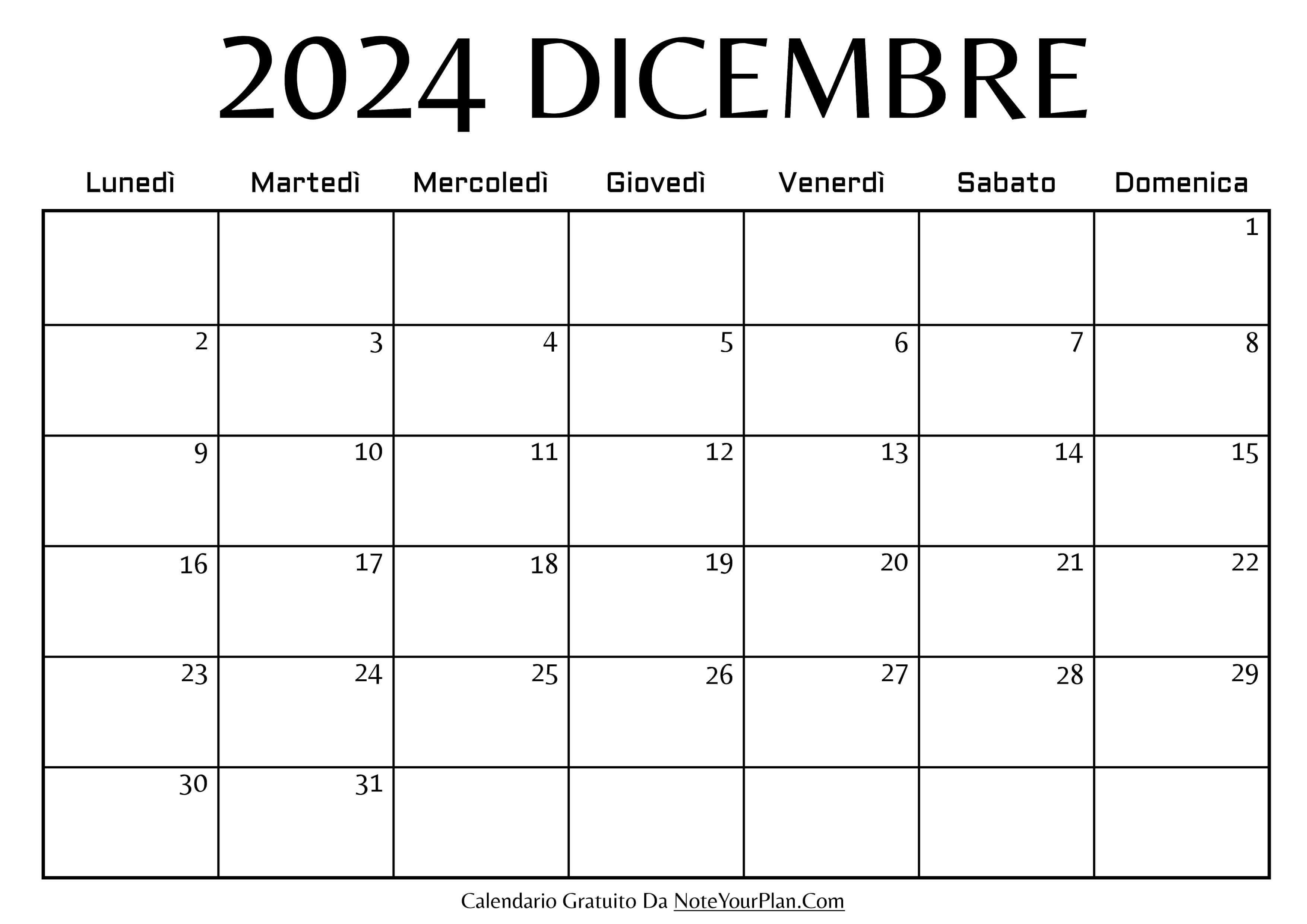 calendario mensile di dicembre 2024