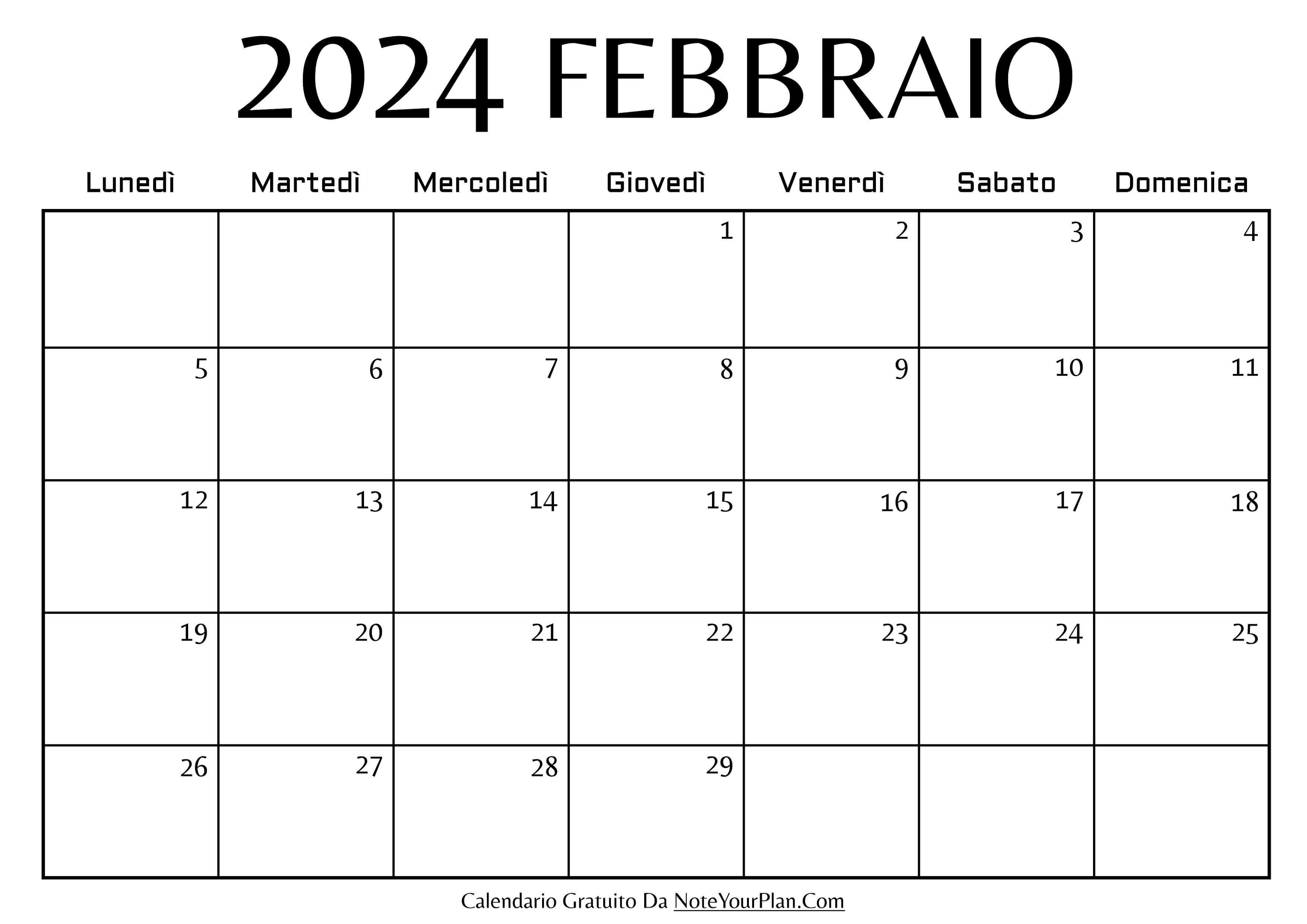 calendario mensile di febbraio 2024