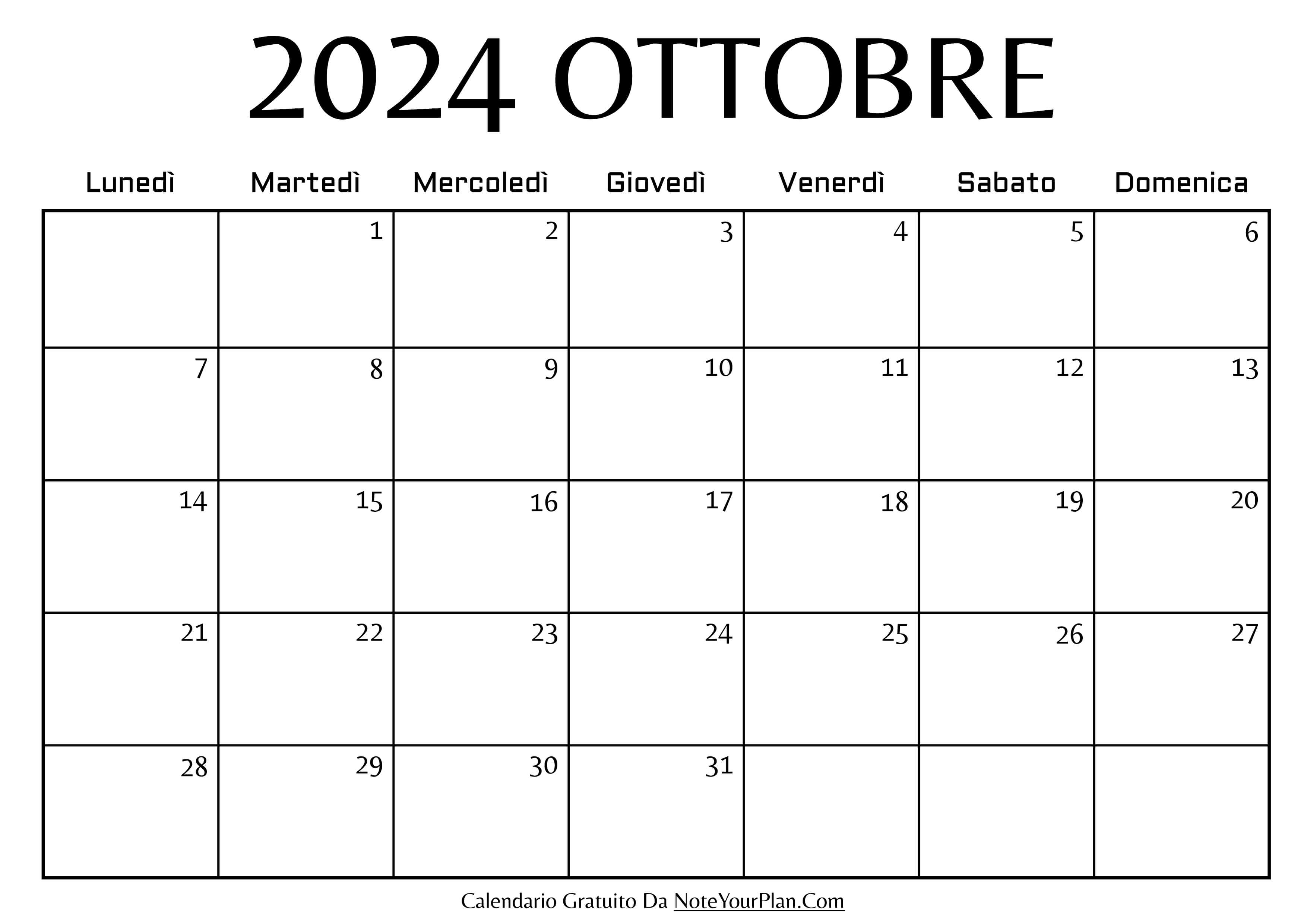 calendario mensile di ottobre 2024