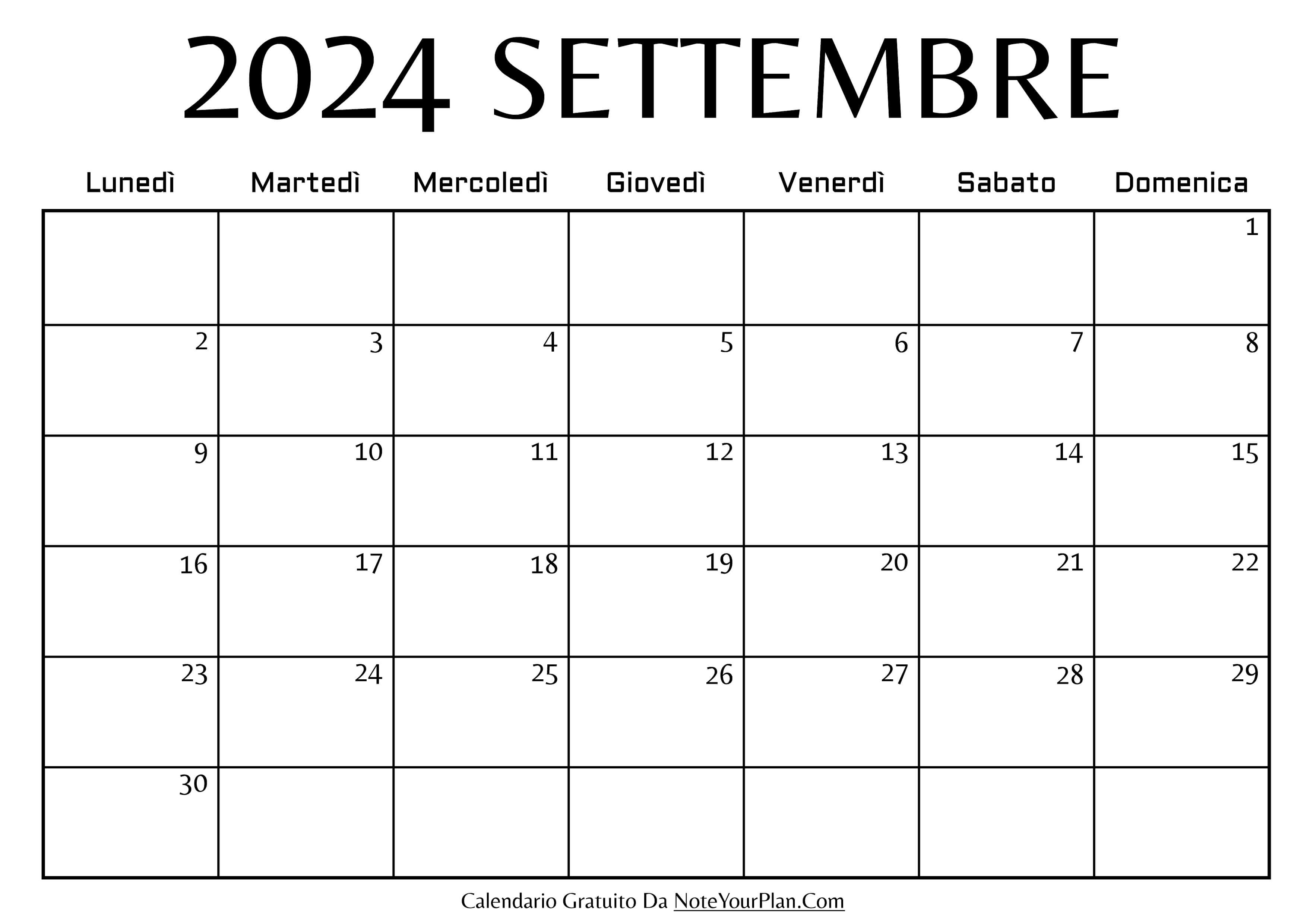calendario mensile di settembre 2024