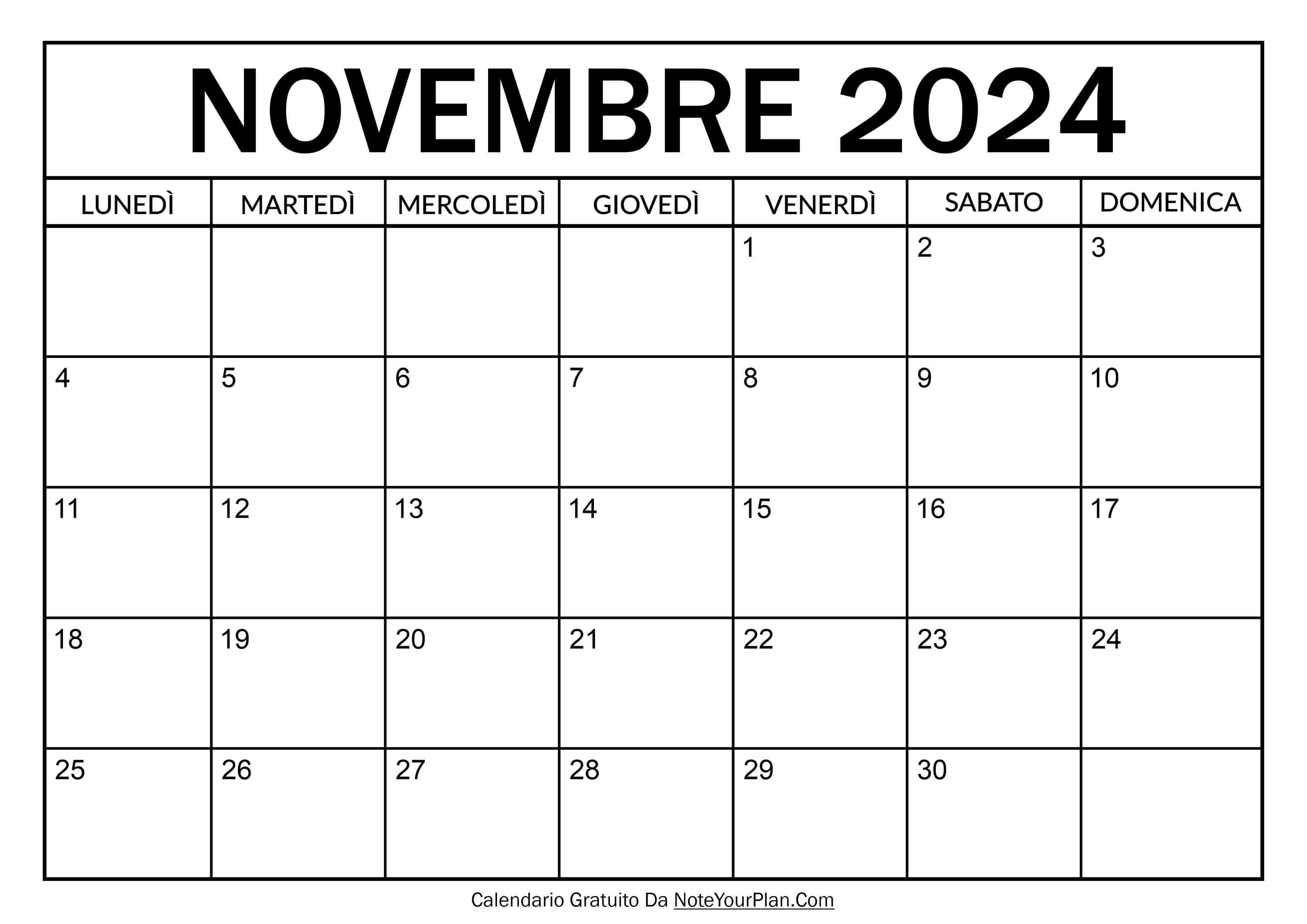 calendario novembre 2024 da stampare