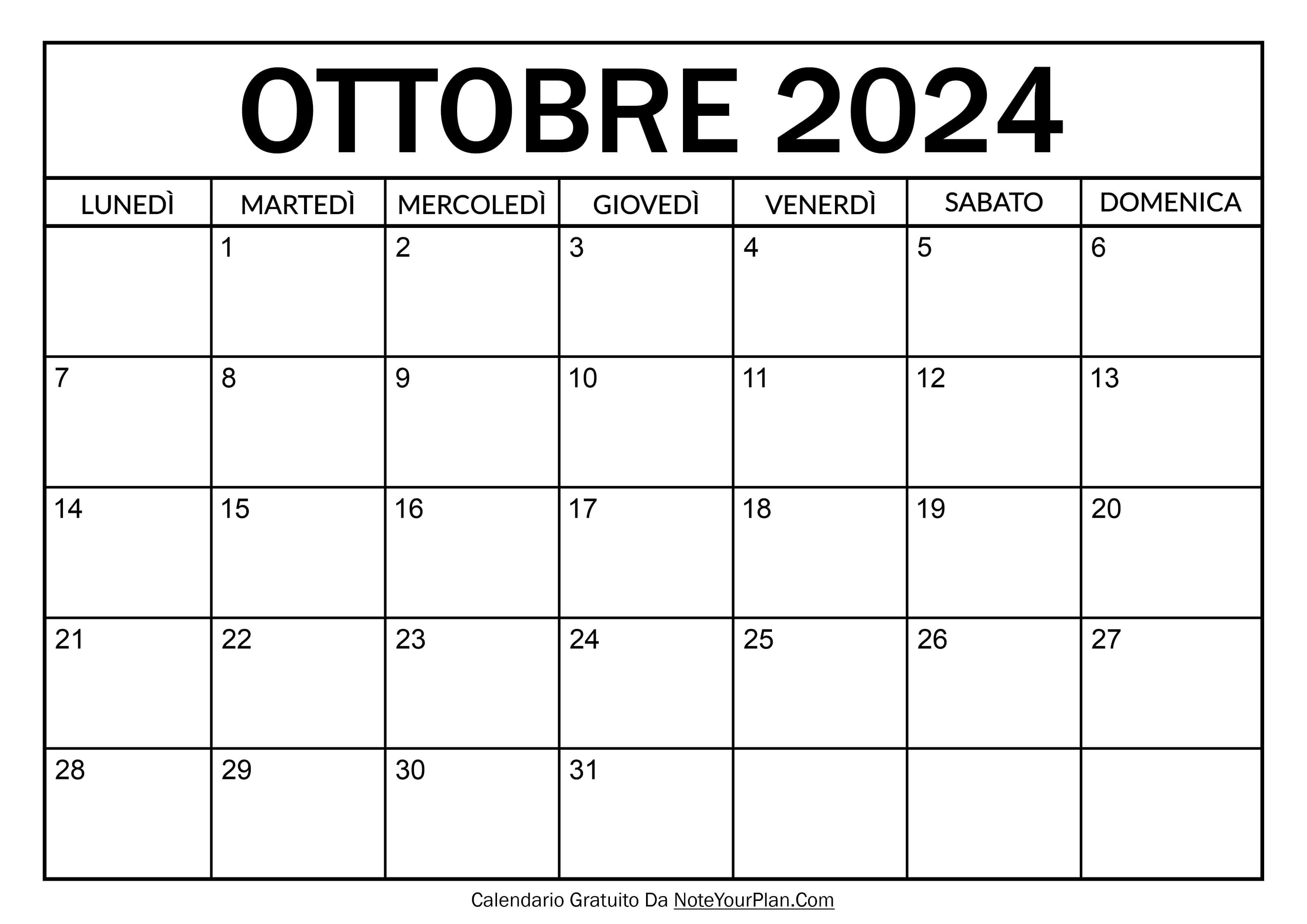 calendario ottobre 2024 da stampare