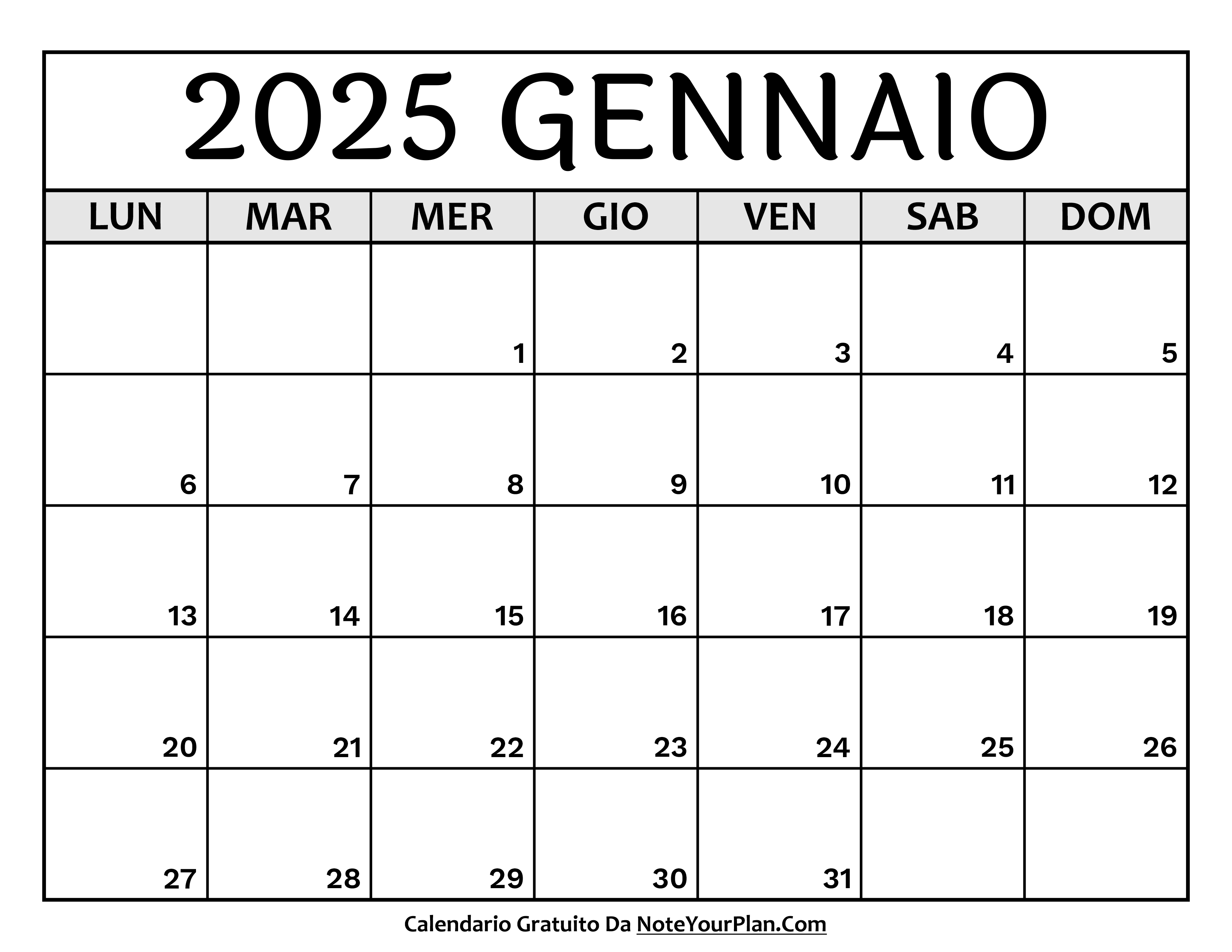 calendario gennaio 2025 stampabile
