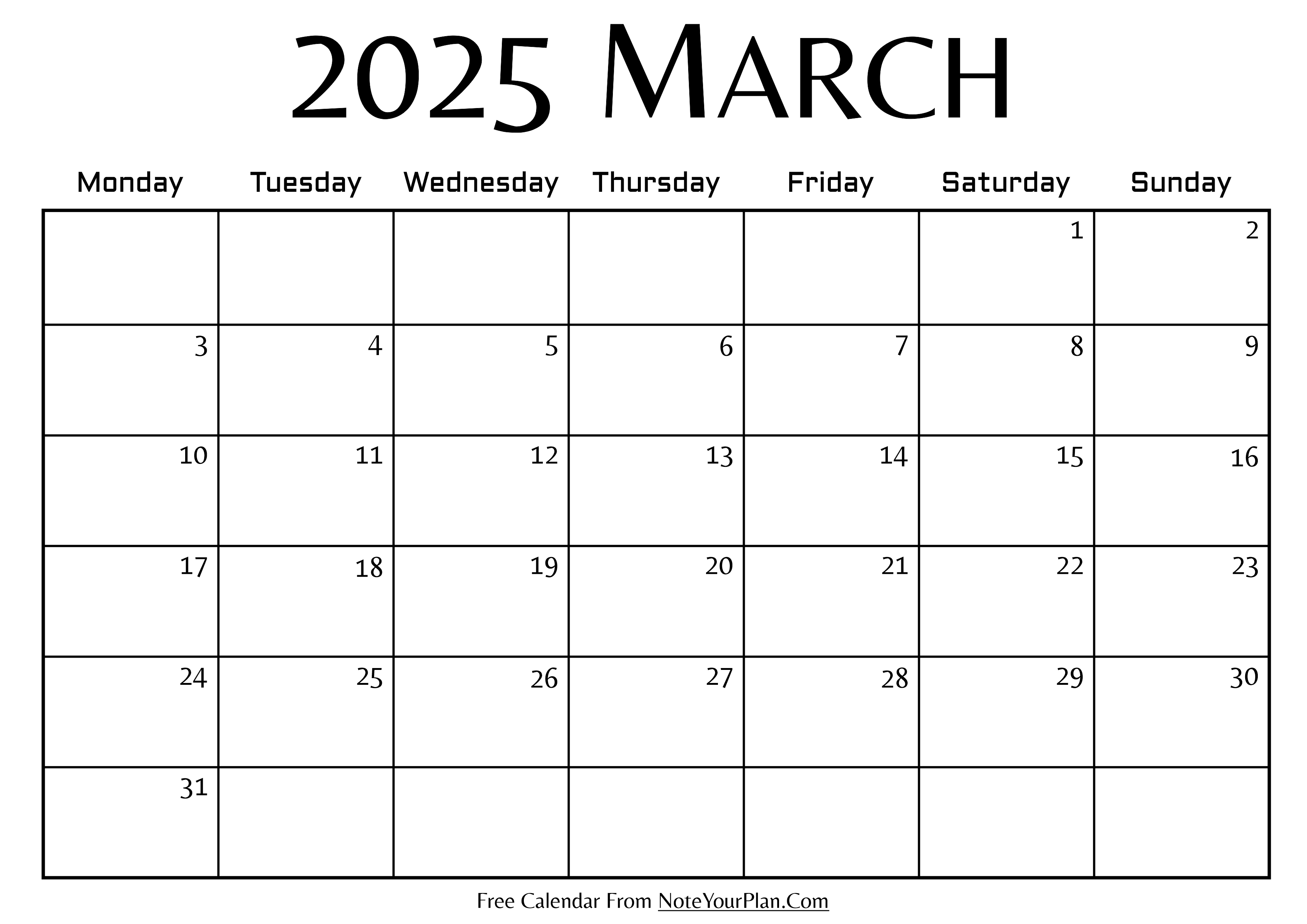 Blank Calendar March 2025